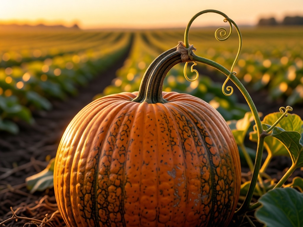 A lone sun-ripened pumpkin in an organic field at golden hour. Focus on textured skin and curled vine. Background shows endless rows of crops in soft focus. Symbolizes standing out authentically. No people.
