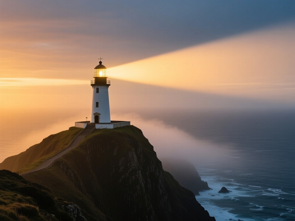 A lone lighthouse on a cliff at golden hour, beam cutting through dusk mist, symbolizing guidance and authority, warm/cool contrast, expansive ocean backdrop, no human elements.
