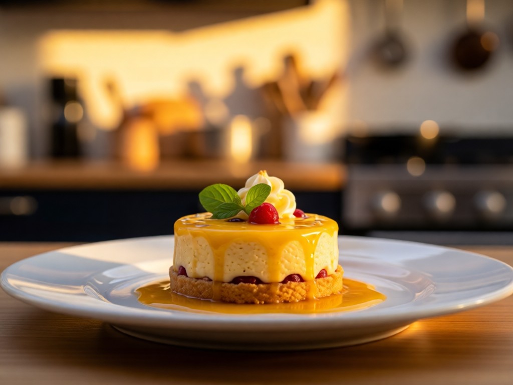 Camera lens focused on a perfectly plated dessert. Shallow depth of field with blurred kitchen background. Golden hour lighting. No people.