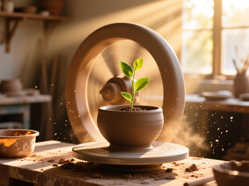 A single artisan's wheel in a sunlit studio, clay half-formed, symbolizing creation and growth. Golden hour rays, dust particles visible, warm earthy tones, no people.