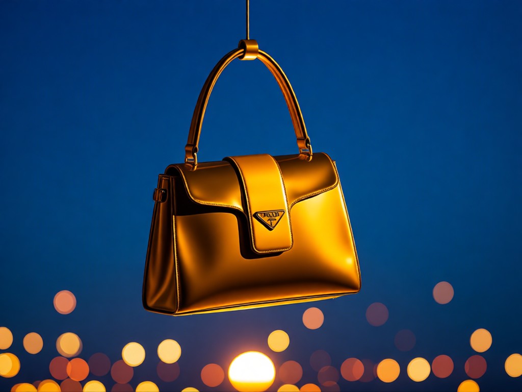 A single Prada Cleo bag suspended mid-air against a sunset sky. Golden light illuminates the structured silhouette. Deep blue background with bokeh lights. Symbolizes elevated presentation. No people.