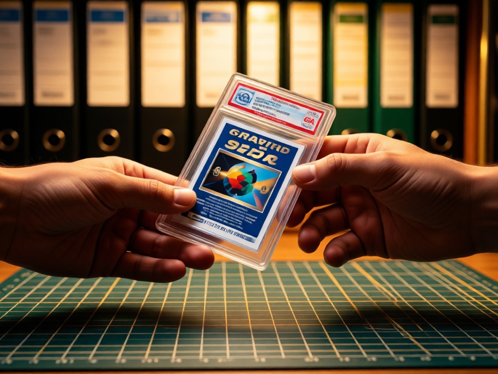 Two hands exchanging a graded PSA slab over a trading mat. Soft focus on background binders. Warm, trust-building atmosphere. No visible faces.
