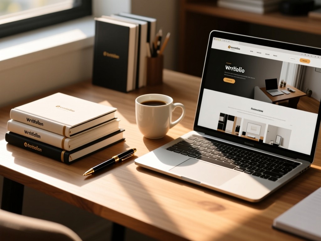A perfectly organized writer's desk: neat stack of branded journals, a premium pen, and coffee cup beside a laptop showing a portfolio site. Warm sunlight creates long shadows on wooden surface.