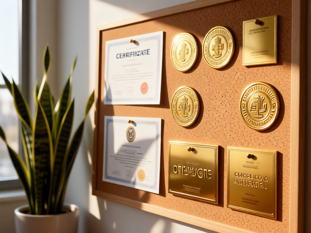 A clean corkboard displaying supplier certificates and product awards. Sunlight hits gold seals and embossed logos. Office plant in soft focus nearby. Warm professional tones.