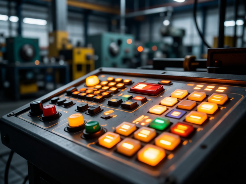 Close-up of an illuminated control panel with glowing buttons and indicators in warm tones. Soft shadows emphasize depth with out-of-focus factory elements in background. Technical yet inviting. No people.