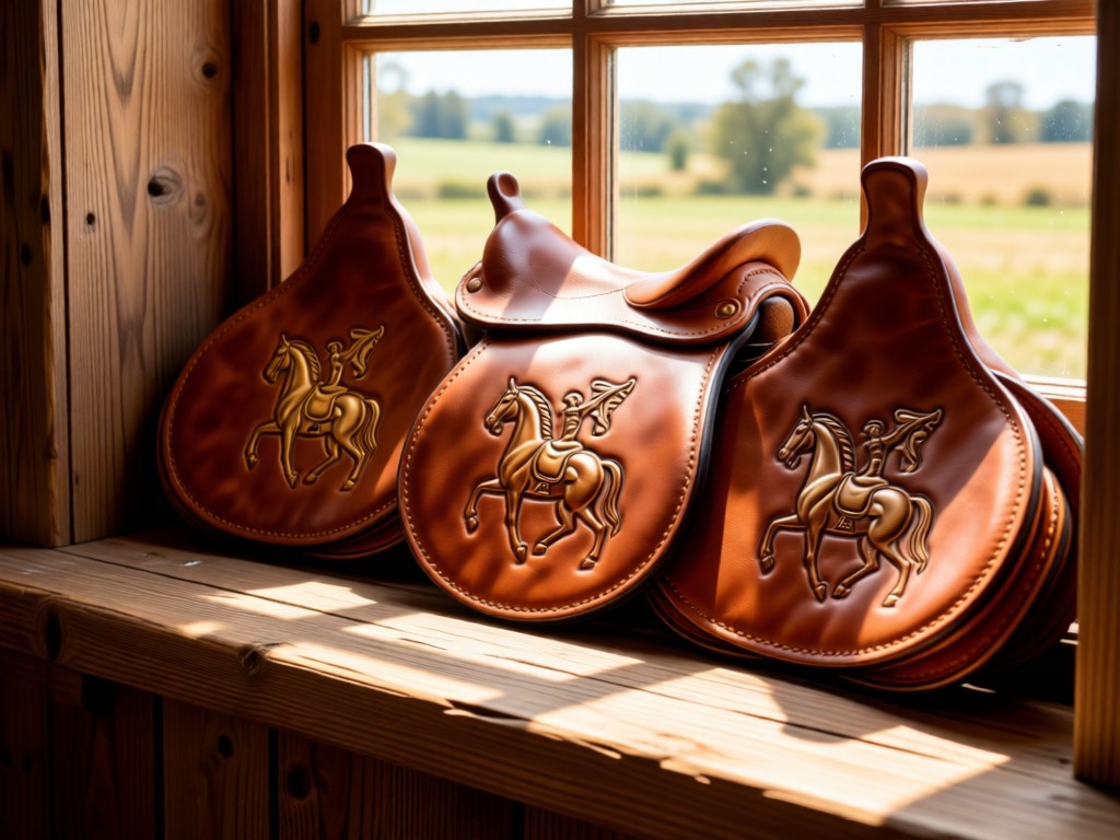 A collection of elegant equestrian brand logos embossed on leather saddle pads. Arranged artistically on a sunlit barn window ledge. No people.