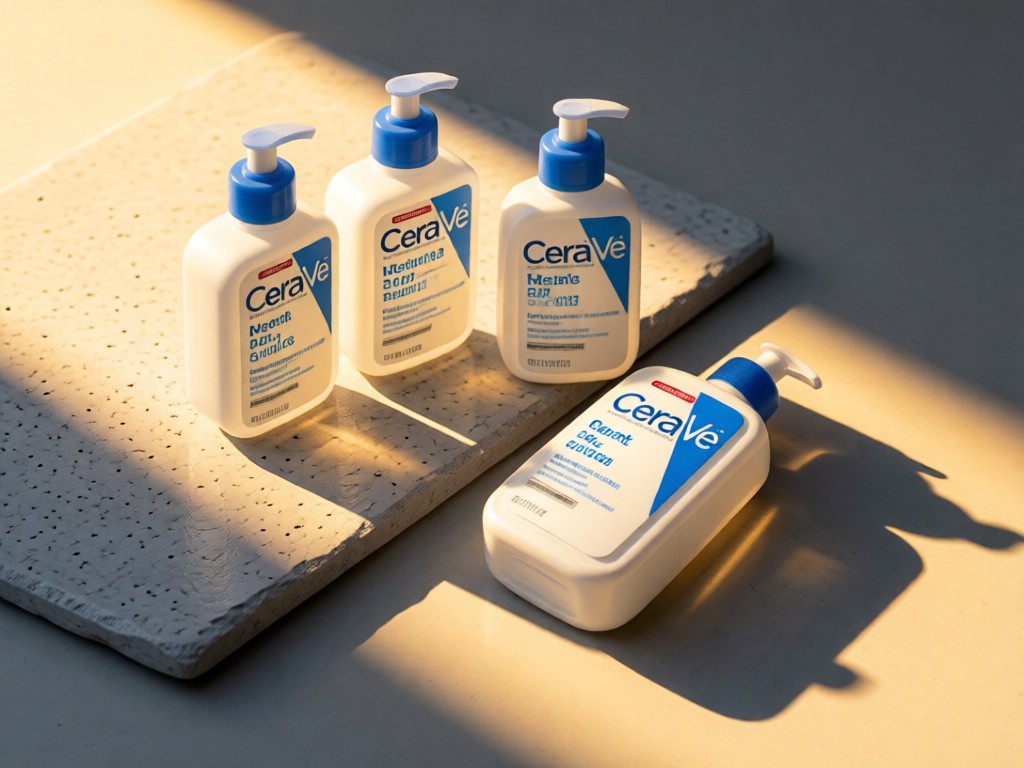 Neatly aligned CeraVe product bottles on a light gray slate. Soft shadows cast diagonally. Golden hour light highlights textures. One bottle slightly angled. No people.