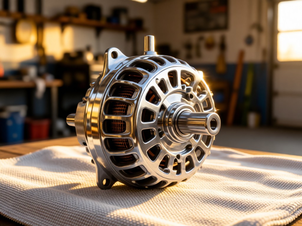 Close-up of a gleaming chrome alternator resting on a clean microfiber cloth. Soft directional light emphasizes its contours against a blurred garage backdrop. Golden hour warmth. No people.