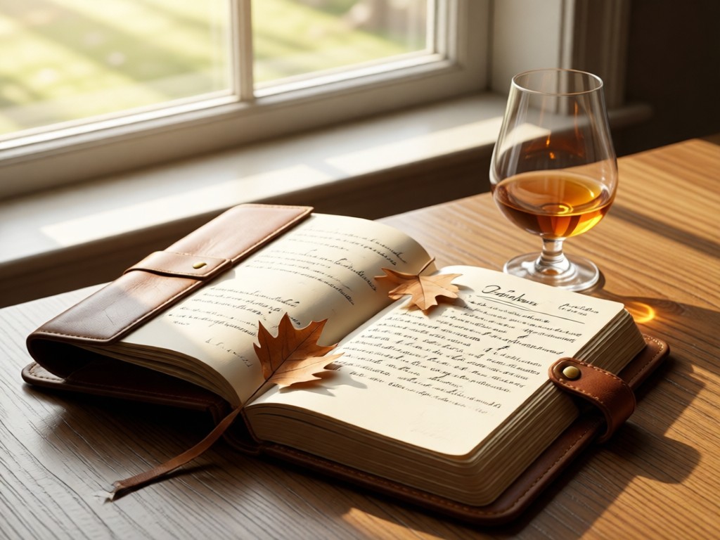 An open leather-bound journal beside a bourbon tasting glass. The page shows handwritten tasting notes with dried oak leaves as bookmarks. Soft morning light through a window.