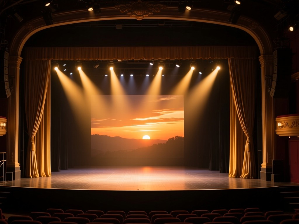 Curtain call spotlight focused on an empty stage during sunset, golden beams highlighting the performance space, symbolic of opportunity and discovery, deep theater shadows, warm color palette.
