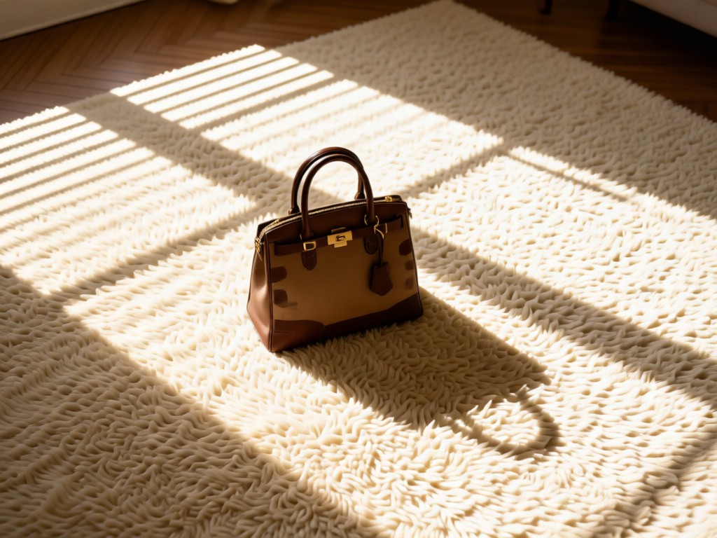 Aerial view of a single vintage designer handbag centered on a cream rug. Sunlight creates geometric shadows through window blinds. Symbolizes focus and premium positioning. No people.