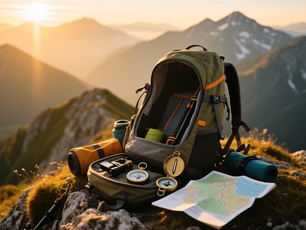 An open backpack on a mountain ridge at golden hour, hiking gear neatly arranged around it, sunlight illuminating a compass and map, distant peaks in soft focus, warm natural lighting, no people.