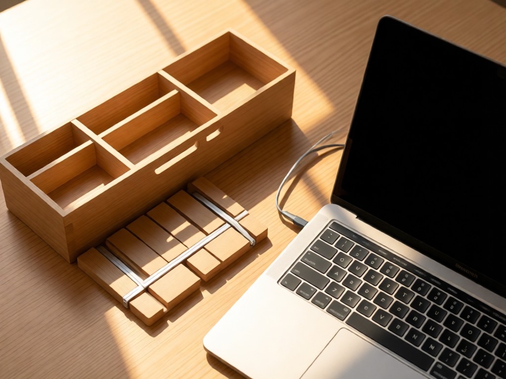 Overhead shot of an open laptop showing clean product links next to a minimalist wooden desk organizer. Warm daylight. No people.