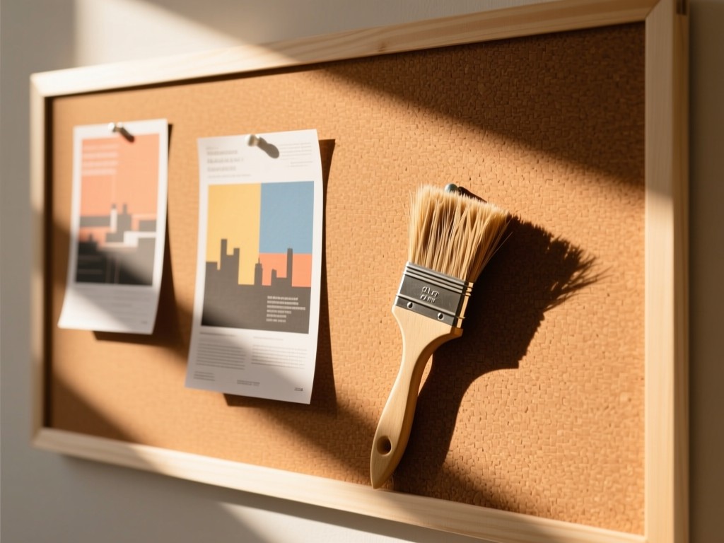 A minimalist corkboard with pinned exhibition flyers and a single dried brush. Warm sunlight casts soft shadows across the board. No people.