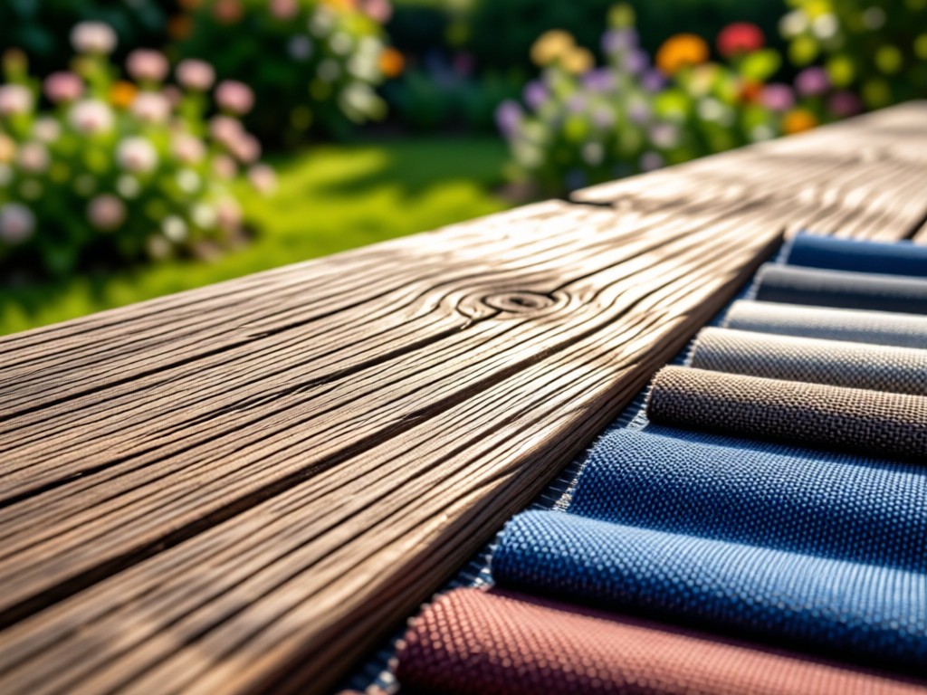 Close-up of weathered teak wood grain beside a sample of performance fabric. Sunlight catches texture variations while shallow depth of field blurs a garden background. No people.