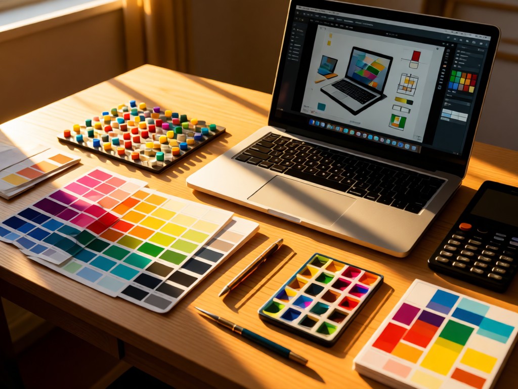 Desk setup with paint swatches and pin prototypes beside a laptop showing design tools. Golden hour light creates long shadows. Focus on creative tools and color harmony. No people.