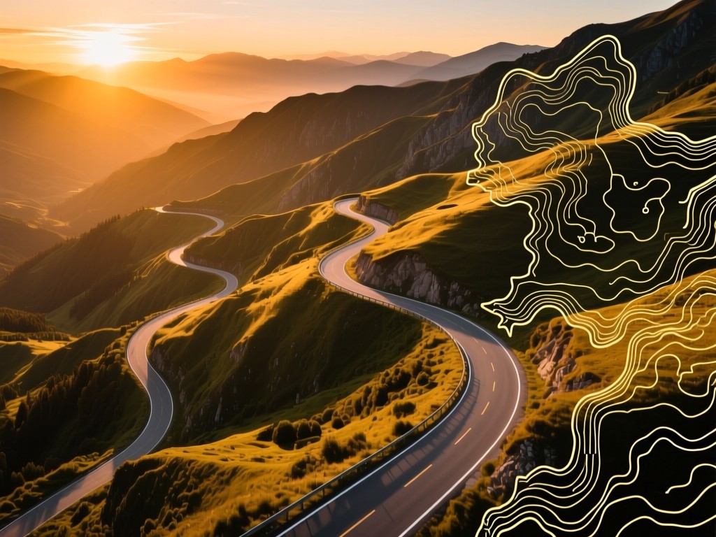 Winding mountain road viewed from above during sunset, golden light highlighting terrain contours, topographic map overlay effect, warm color palette, no text.