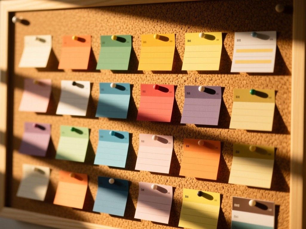 Color-coded index cards arranged neatly on a corkboard. Golden hour light creates long shadows across the textured surface. Organized and creative vibe. No people.