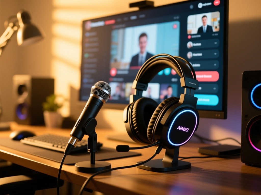 Gaming headset and microphone on a desk during golden hour, screen glowing with live stream interface in background, soft shadows, warm tones, shallow focus on equipment.