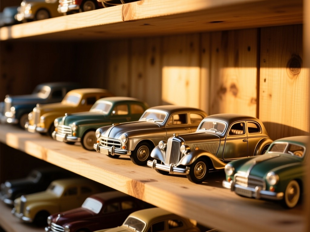 Vintage toy cars arranged on a sunlit wooden shelf during golden hour, shallow depth of field highlighting metallic details, warm natural lighting, no people.