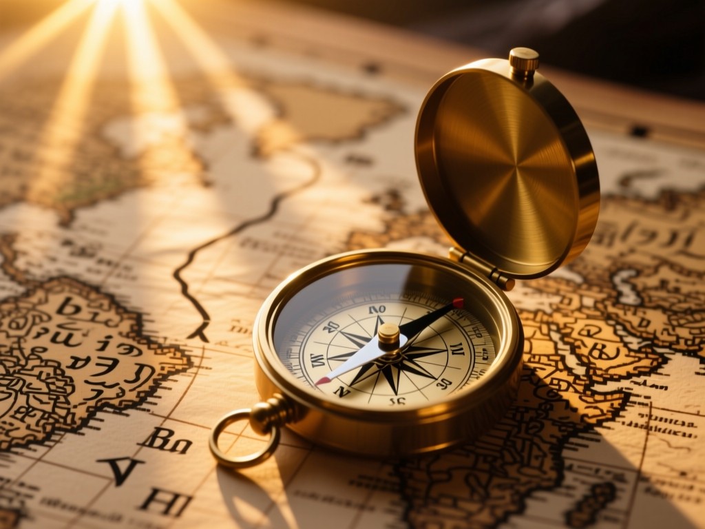 A compass on an ancient map with language symbols during golden hour, sun rays illuminating discovery paths, warm natural lighting, earthy tones, shallow focus, no human elements.