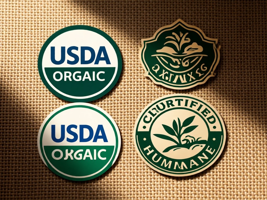 Artful arrangement of USDA Organic and Certified Humane seals on burlap texture. Soft side lighting creates subtle shadows. Earthy color palette. No people.