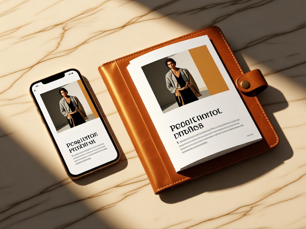 Stylish arrangement of a smartphone and leather portfolio on marble surface, both displaying fashion portfolio pages. Soft shadows with golden undertones. No people.