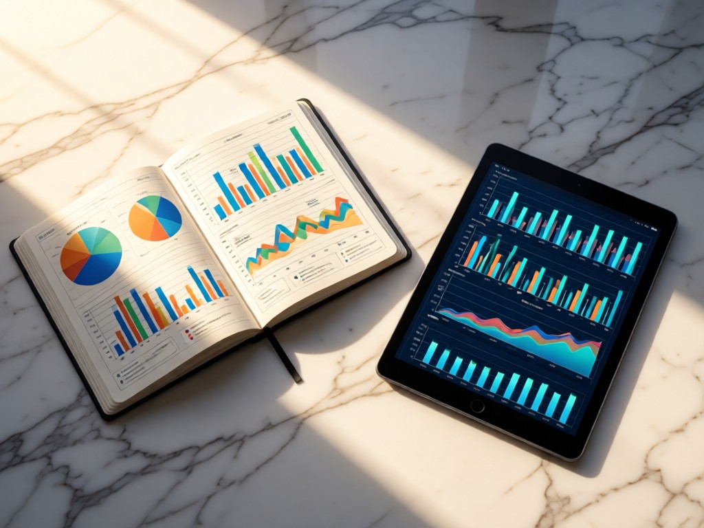 Overhead shot of clean lab notebooks open to colorful data charts beside a sleek tablet displaying graphs. Morning light creates soft shadows on a marble surface. No people.
