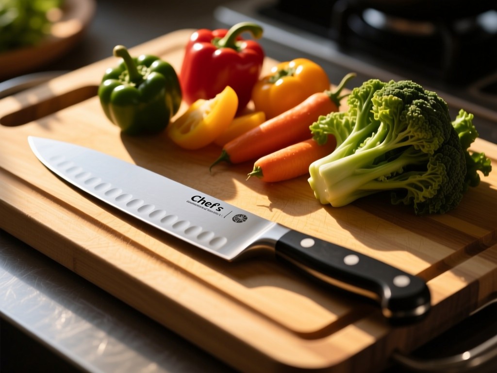 Chef's knife resting on cutting board with vibrant vegetables, golden afternoon light creating long shadows, minimalist composition symbolizing culinary craftsmanship