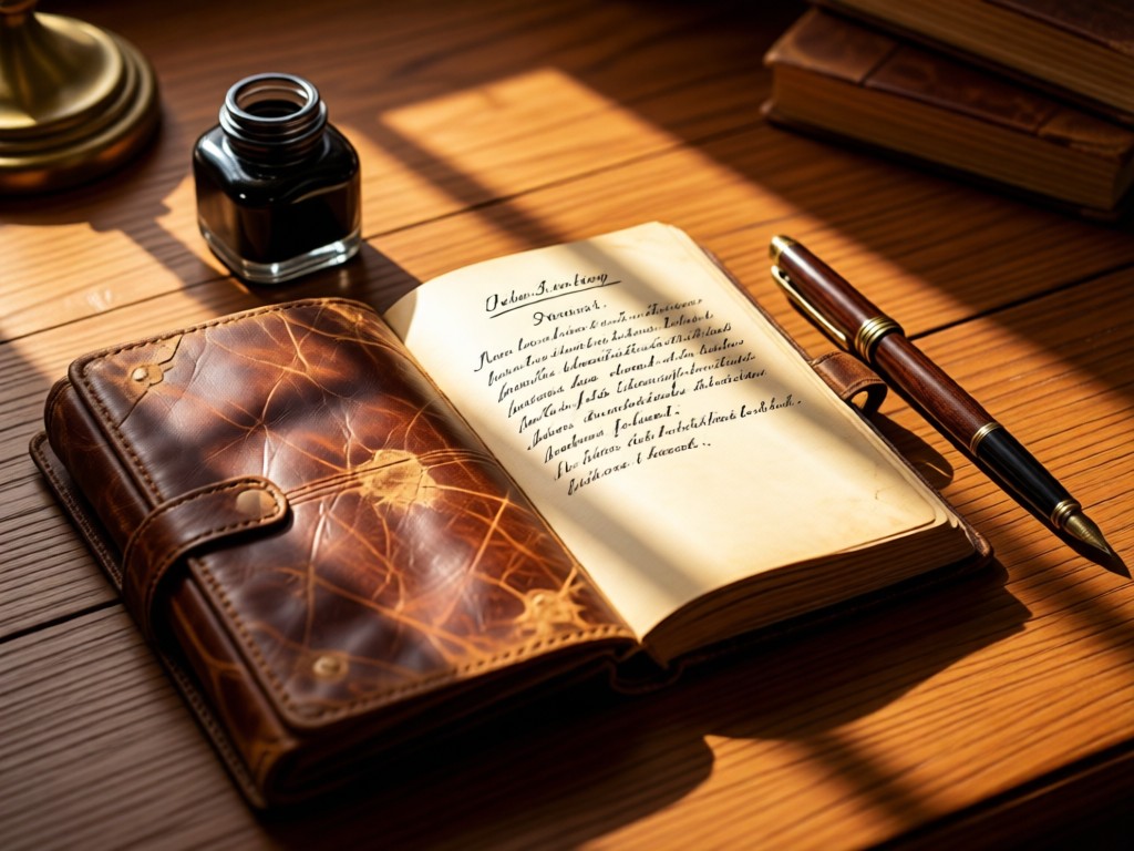 A weathered leather journal open to a handwritten review page, beside an inkwell and vintage pen. Warm light creates cozy shadows on a wooden desk. Nostalgic yet professional. No people.