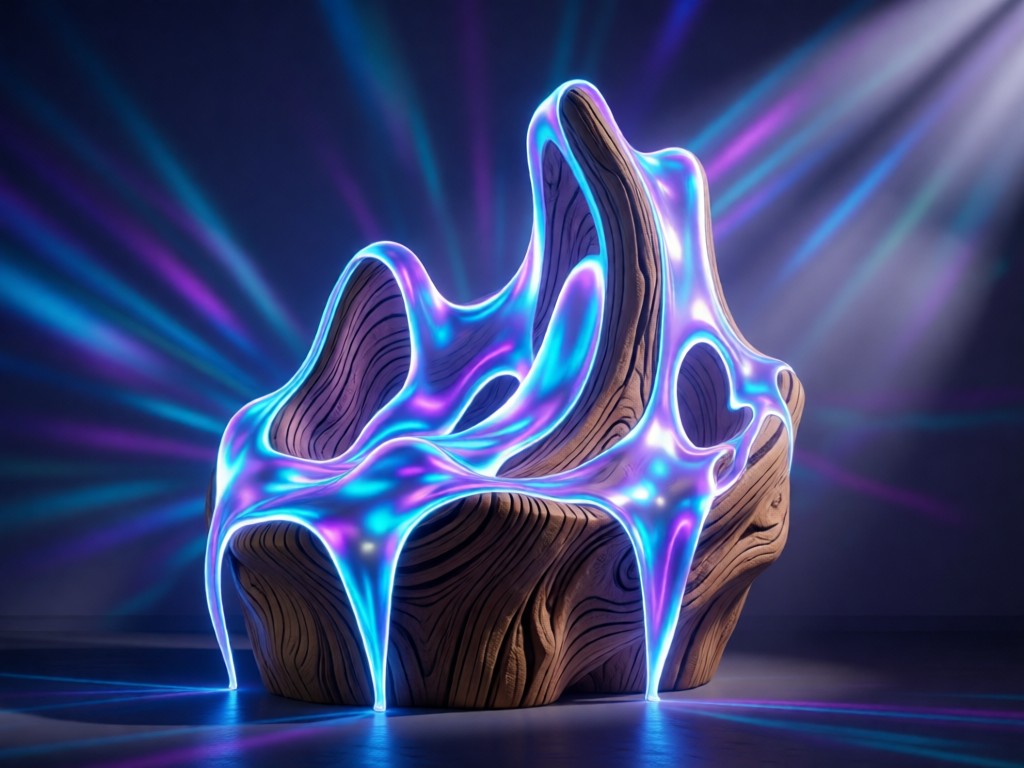 A glowing liquid projection mapping onto an organic sculptural form. Holographic blues and purples blend with natural wood textures. Atmospheric haze enhances light beams. No people.