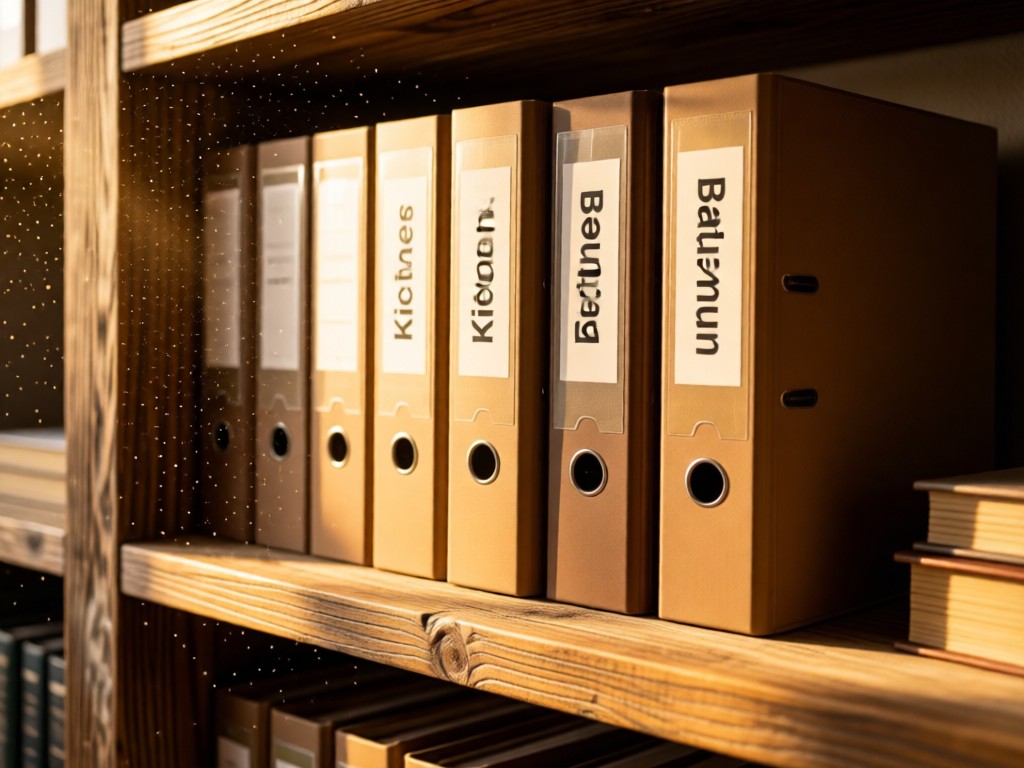 Neatly labeled physical folders ('Kitchens', 'Bathrooms') on a reclaimed wood shelf. Dust motes in golden light. Organized and professional. No people.