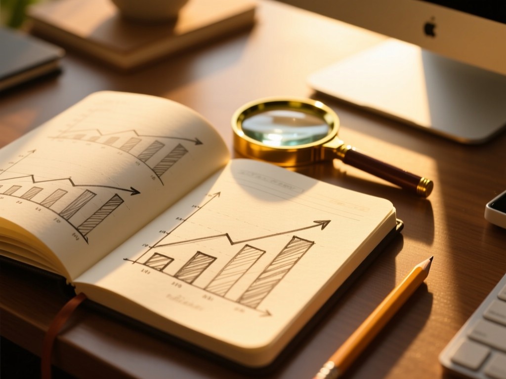 A notebook open to sketched growth charts beside a magnifying glass on a desk. Golden hour light highlights the pencil sketches. Warm and aspirational. No people.