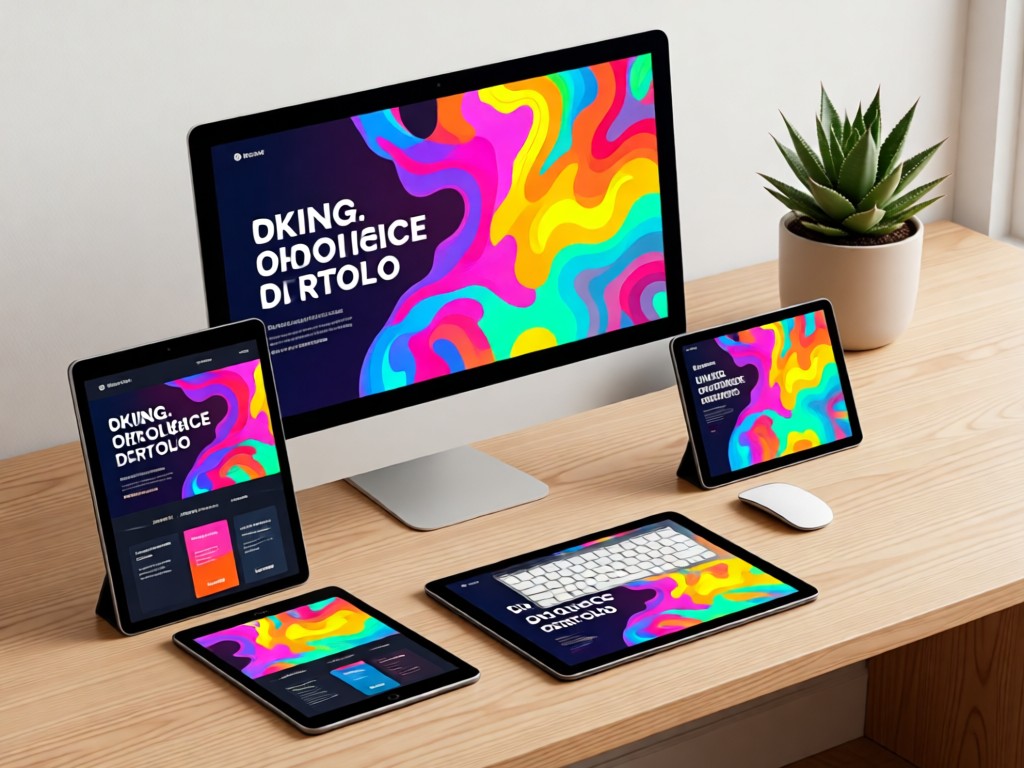 Three different-sized screens (desktop, tablet, phone) showing the same vibrant print design portfolio. Devices rest on a light oak desk near a potted succulent.