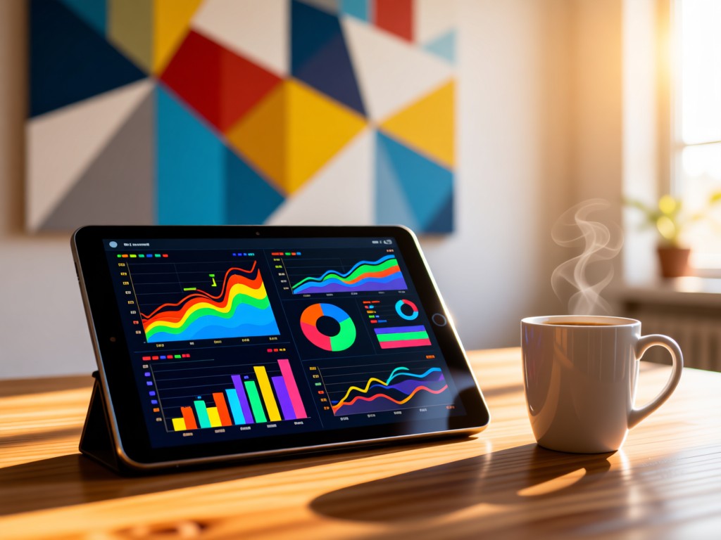 A sleek tablet displaying colorful data charts beside a coffee mug on a wooden desk. Soft focus background shows abstract geometric art. Morning light creates warm highlights.