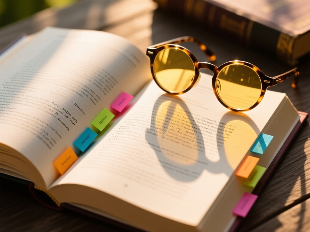Aerial view of an open textbook with colorful tabs marking chapters. Beside it, a pair of round glasses reflects golden hour light. The scene symbolizes organized knowledge and clarity. No people.