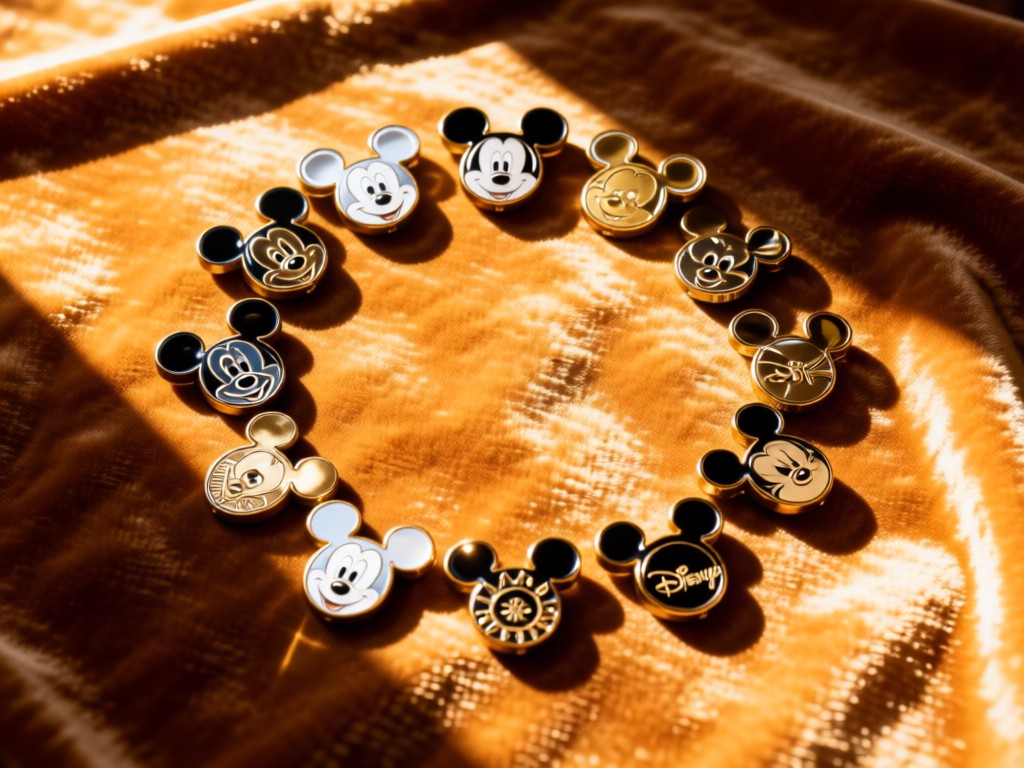 Aerial shot of exclusive Disney pins arranged in a sunlit circle on velvet fabric. Warm highlights on metallic finishes, soft shadows extending outward. No people.