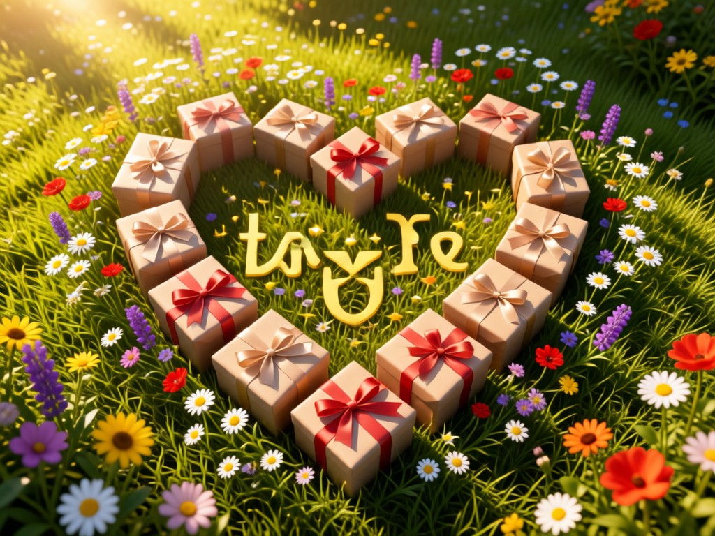 An aerial view of perfectly wrapped presents with satin bows in a sun-dappled meadow. The gifts form a heart shape surrounded by wildflowers. Symbolizes joy and connection. No people.