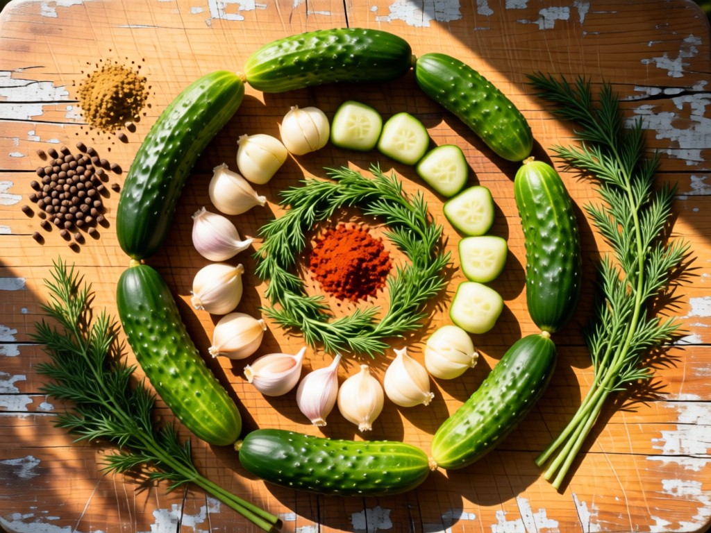 Aerial view of pickle ingredients arranged in concentric circles: cucumbers, garlic, dill, and spices. Sunlight creates natural shadows on a weathered cutting board. Symbolizes organization and craftsmanship. No people.