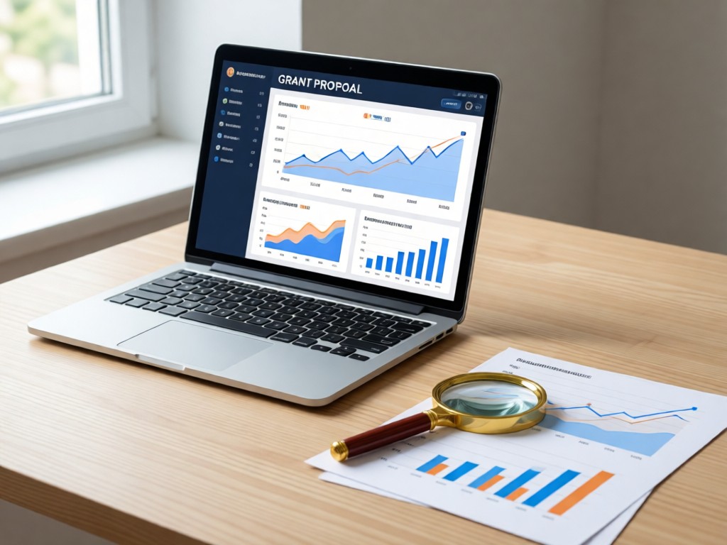 A minimalist desk with open laptop showing a clean grant proposal dashboard. Beside it, a polished magnifying glass rests on printed charts with rising graphs. Soft natural light highlights data visualization. No people.
