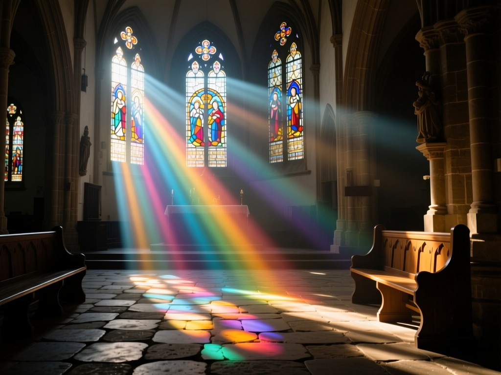 Sunlight filtering through stained glass onto stone chapel floors, colorful beams symbolizing revelation, high contrast light/shadow, no human figures, ethereal atmosphere.