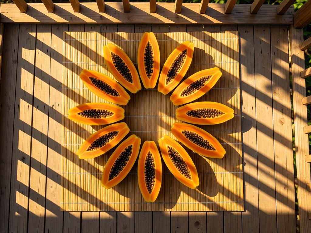 Aerial view of papaya halves arranged in a sunburst pattern on a bamboo mat. Golden hour light creates long shadows across a farmhouse porch. Symbolizes organization and natural abundance. No people.