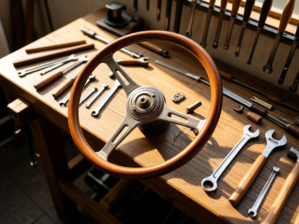 Aerial view of a perfectly restored vintage steering wheel resting on a workbench, surrounded by polished tools. Soft shadows and warm tones highlight craftsmanship. No people.