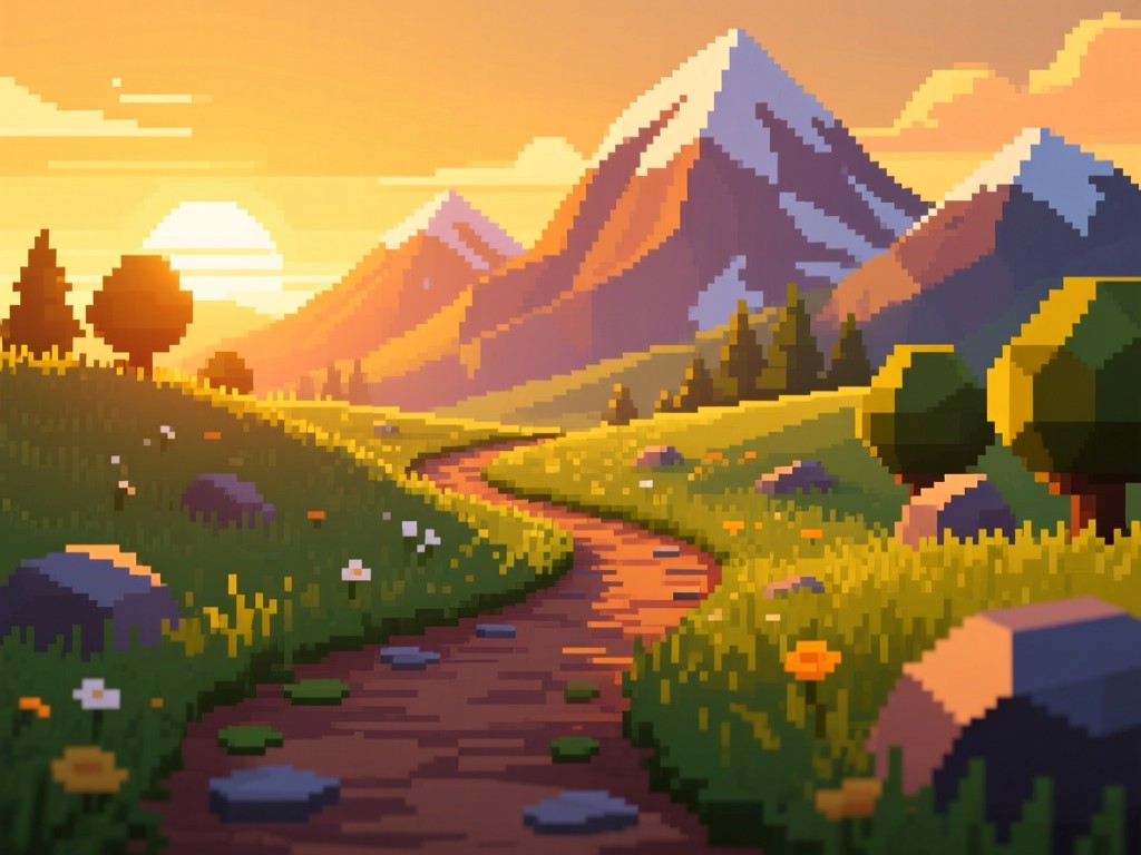 A winding path through pixel-art style grass at sunset, leading to distant mountains rendered in low-poly style, warm golden lighting symbolizing game discovery, vibrant colors, no characters.