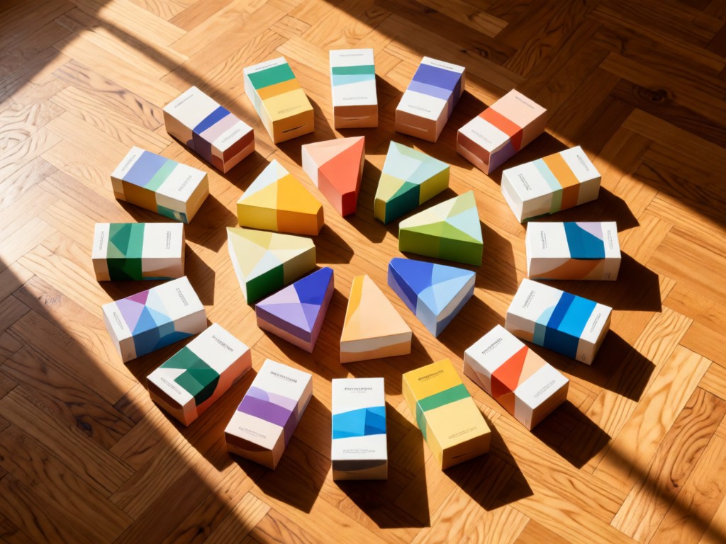 Aerial view of geometric wellness product packaging arranged in a sunlit circle on oak flooring. Represents organization and completeness. Soft shadows create depth. No people.