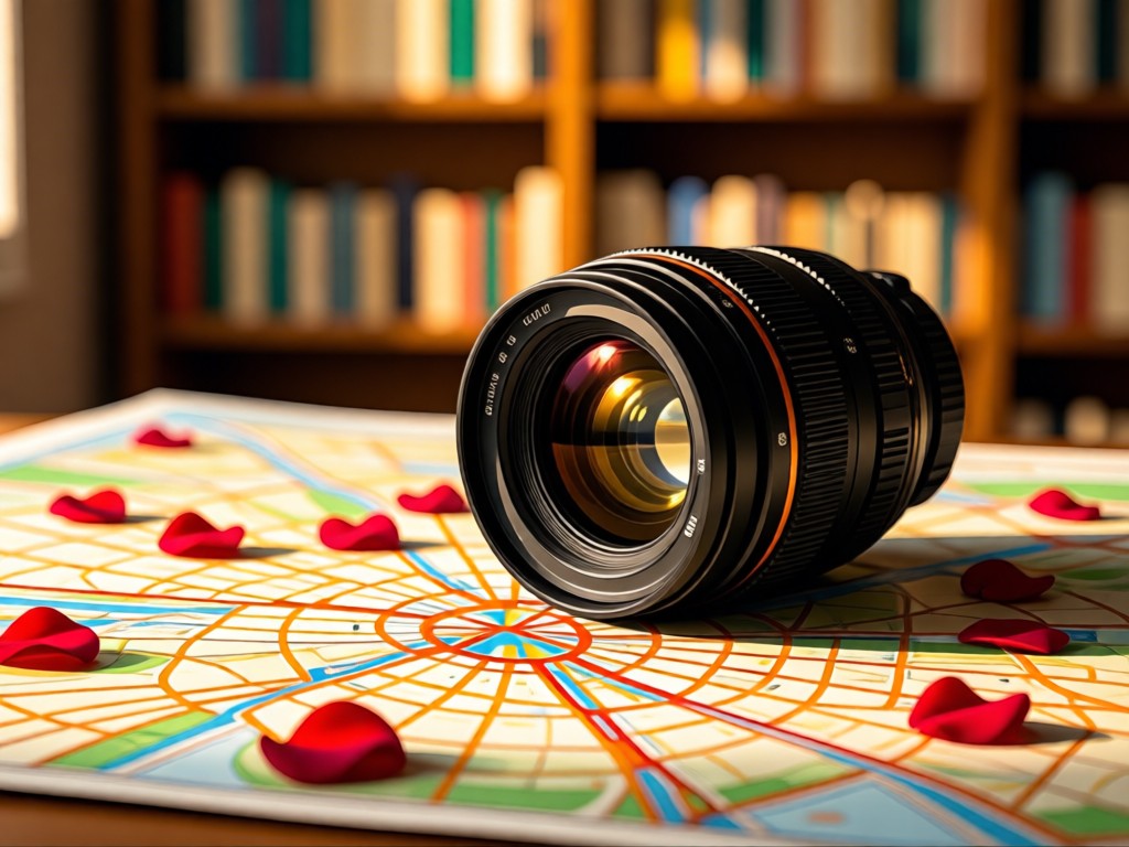 Camera lens resting on unfolded Paris map with scattered rose petals. Softly blurred bookshelf background. Golden hour lighting. No people.