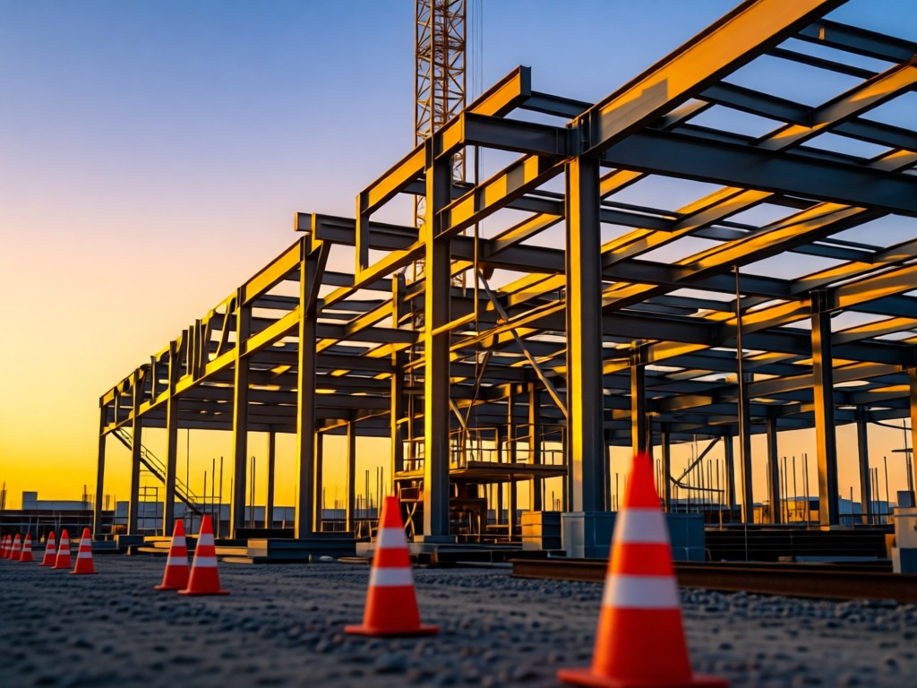 A drone shot of an active construction site at sunset. Golden light highlights steel beams against a gradient sky. Focus on the structured geometry with safety cones in foreground. No people.