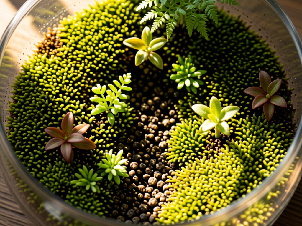 Aerial view of miniature ecosystem terrarium with moss and tiny plants. Warm sunlight creating deep shadows on textured surfaces. No people.