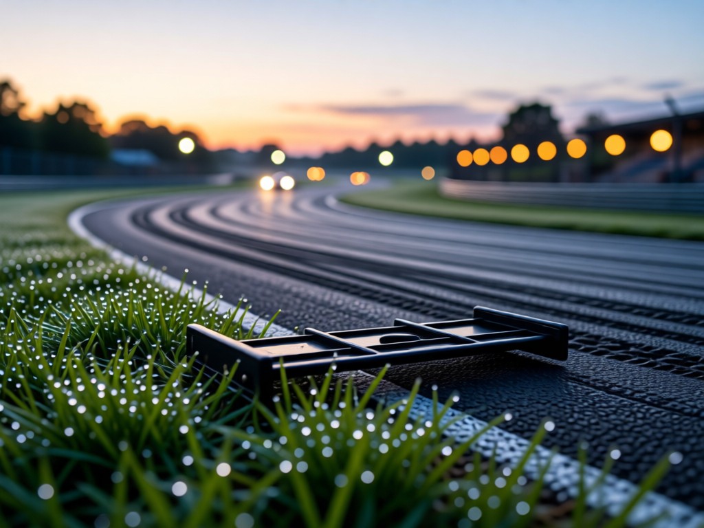 Low-angle shot of an empty RC race track at dawn. Dew on grass, tire marks visible. Starting gate in focus with soft bokeh lights. No people.
