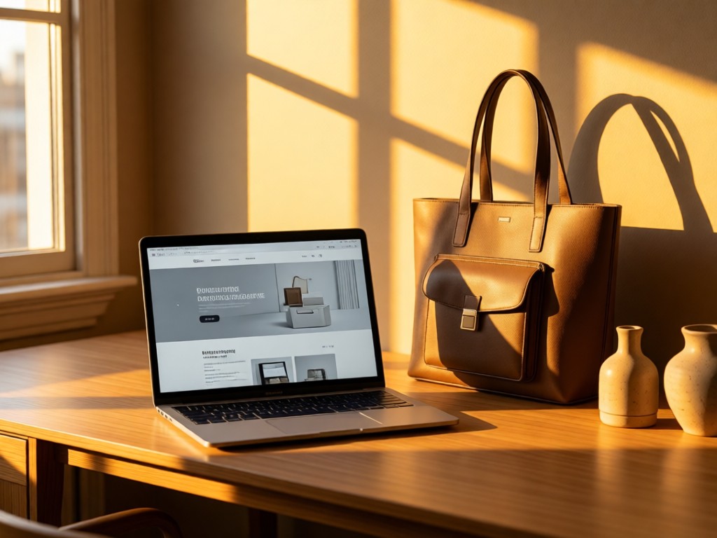 Stylish desk setup with open laptop showing a clean product page next to a structured tote bag. Golden hour light through window creates long shadows. Minimalist ceramics add texture in background. No people.
